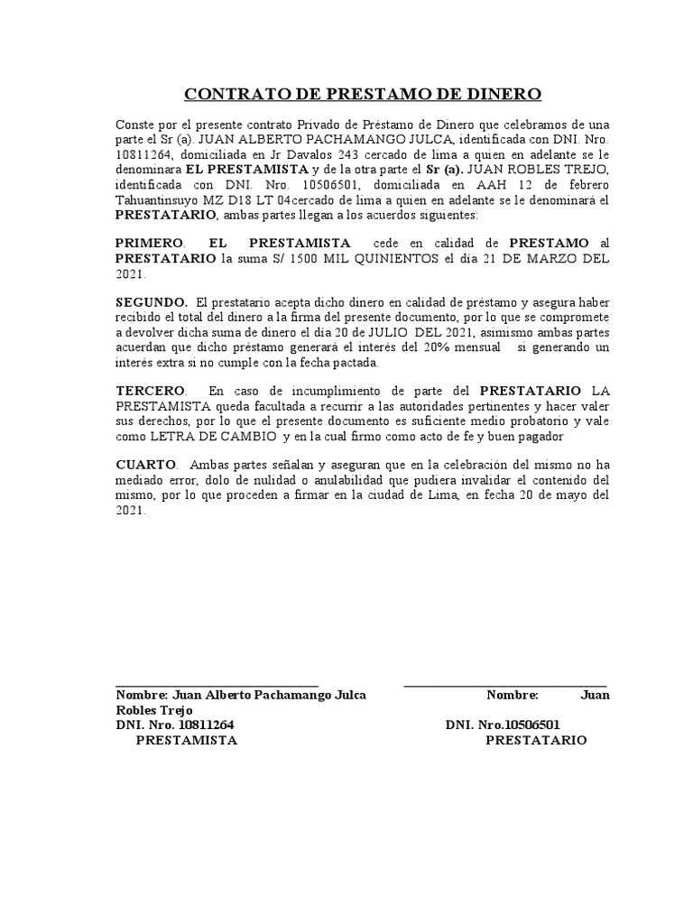 Contrato de Préstamo de Dinero Simple | PDF