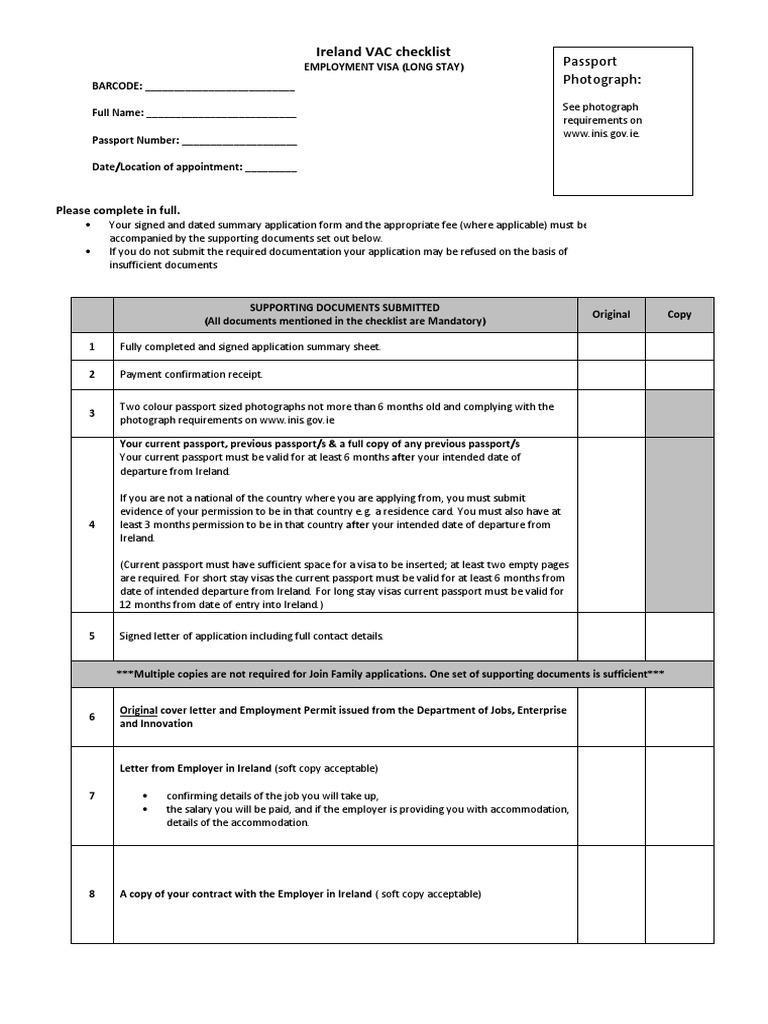 Ireland VAC Checklist Please Complete in Full PDF Travel Visa