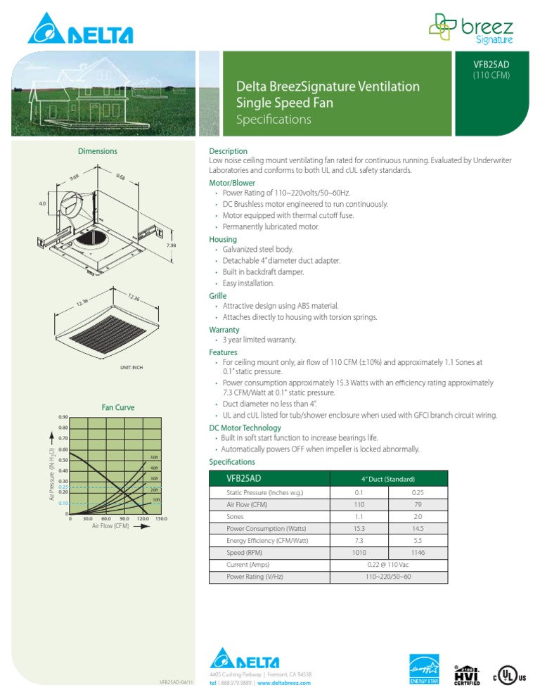 Delta BreezSignature Ceiling Fan Specs | PDF | Duct (Flow) | Mechanical ...