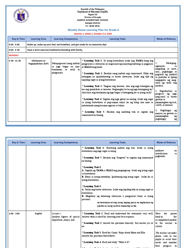 Grade 6 - All Subjects - WHLP - Q1 - W1 | PDF