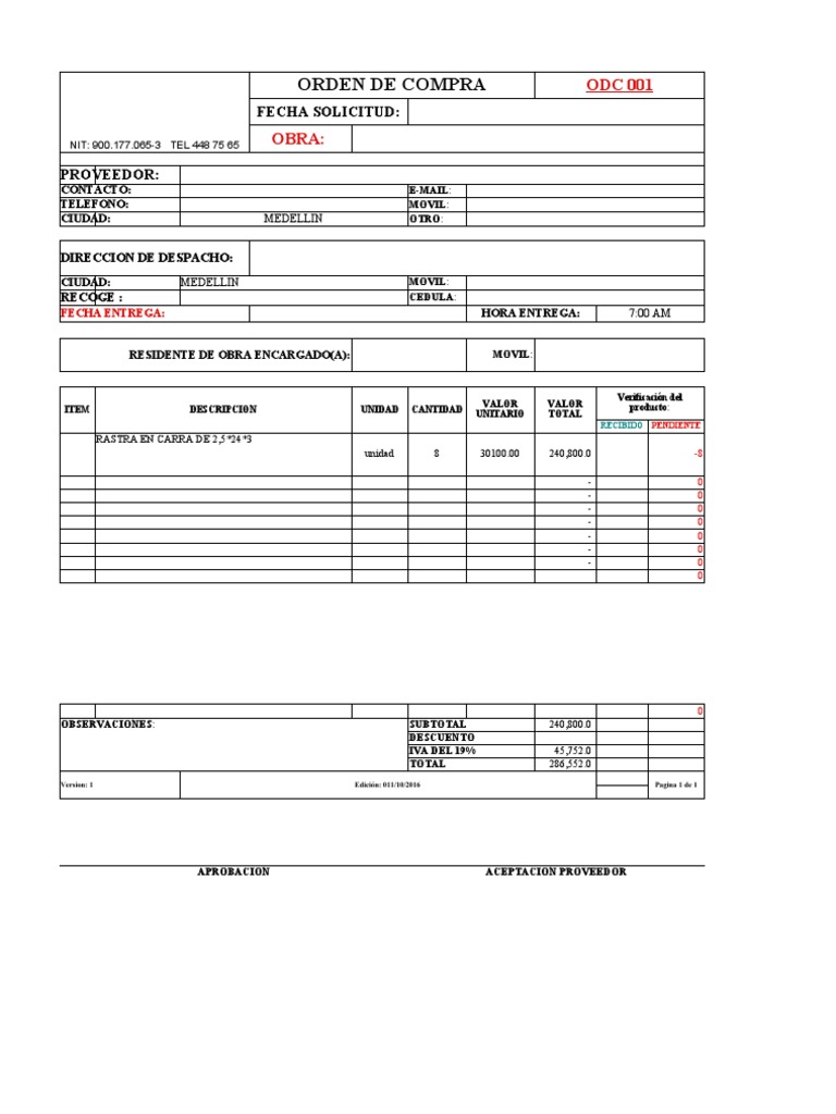 Formato de Orden de Compra de Materiales | PDF