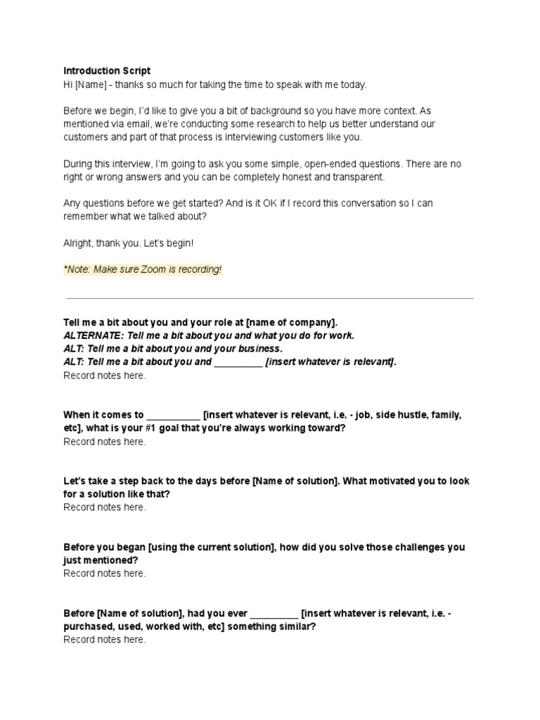 General Customer Interview Script + Questions Template | PDF ...