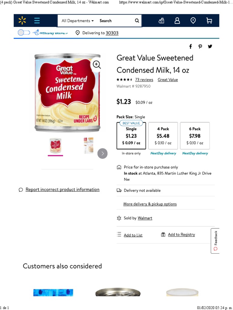 (4 Pack) Great Value Sweetened Condensed Milk, 14 Oz Walmart PDF