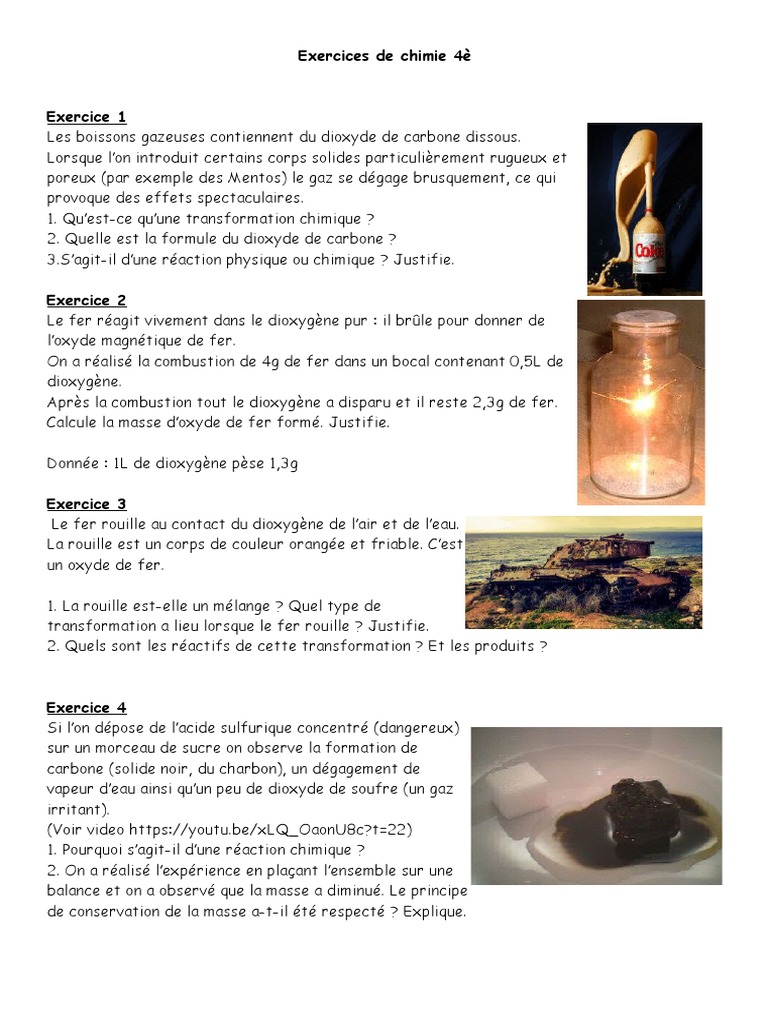 Exercices Chimie 4e : Réactions et Transformations | PDF | Dioxyde de ...