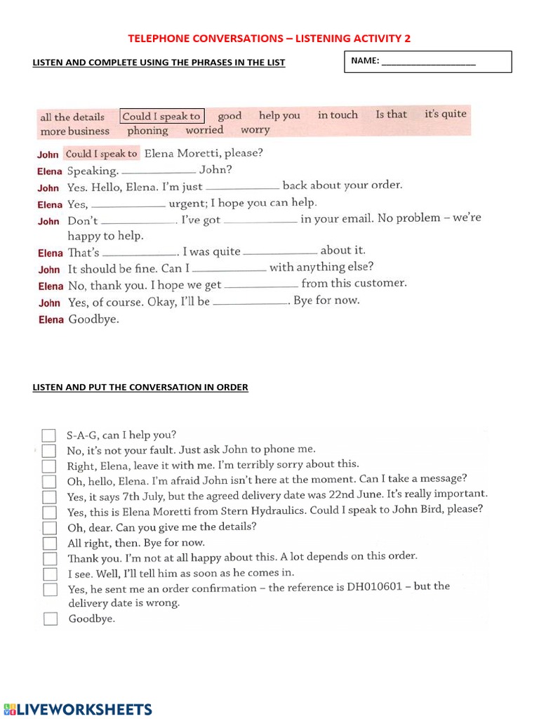 Telephone Conversations - Listening Activity 2: Listen and Complete ...