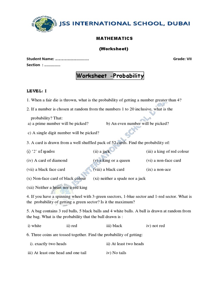 G7 Probability WS-1 | PDF | Probability