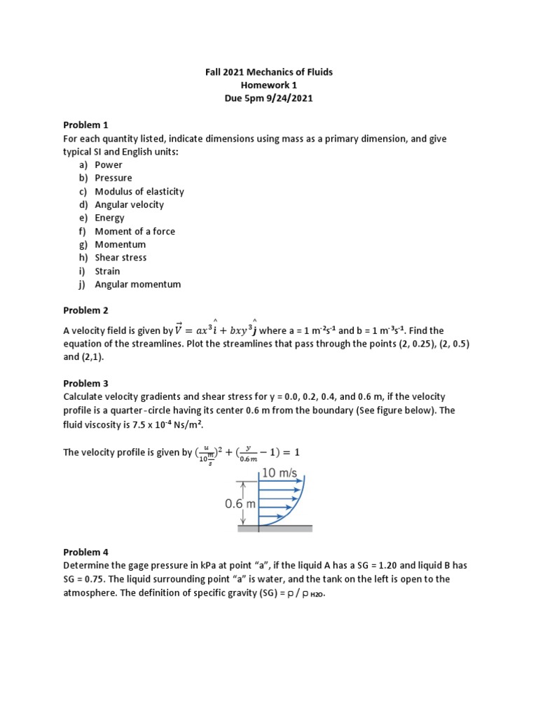 Fall 2021 Fluid Mechanics Homework 1 | PDF