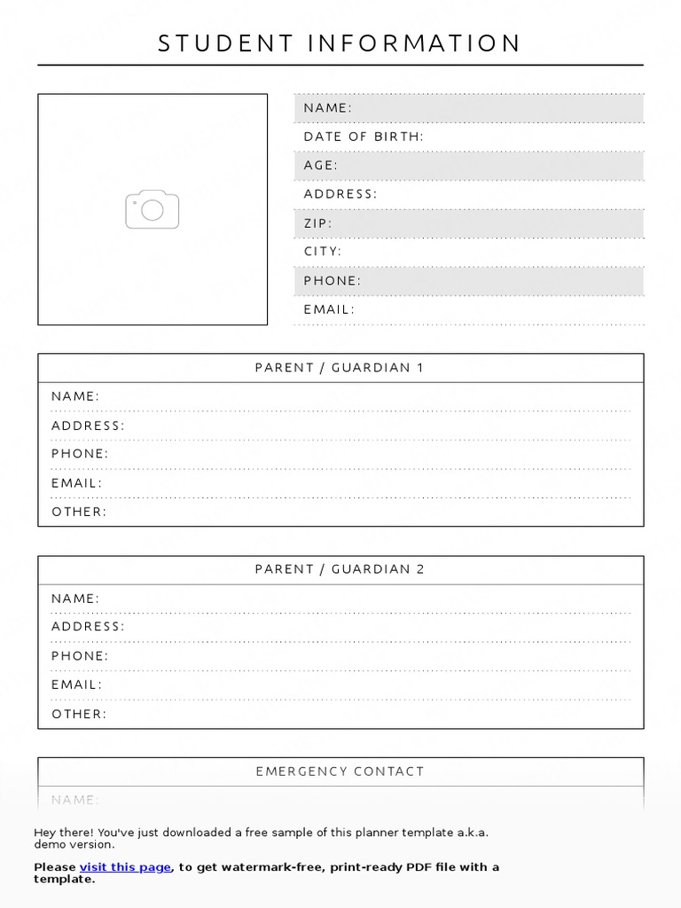 Student Information: Name: Date of Birth: Age: Address: Zip: City ...
