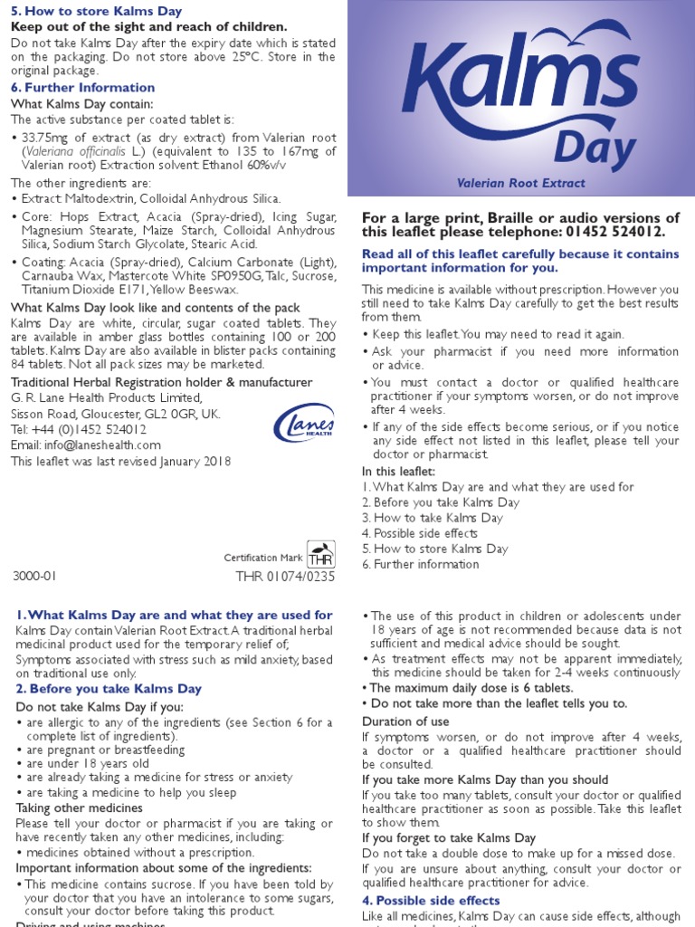 Kalms Day Leaflet PDF Tablet (Pharmacy) Sucrose