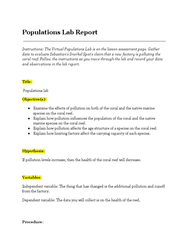4.03 Lab Report Template-V23 Biology by Evan Howland | PDF | Coral Reef ...