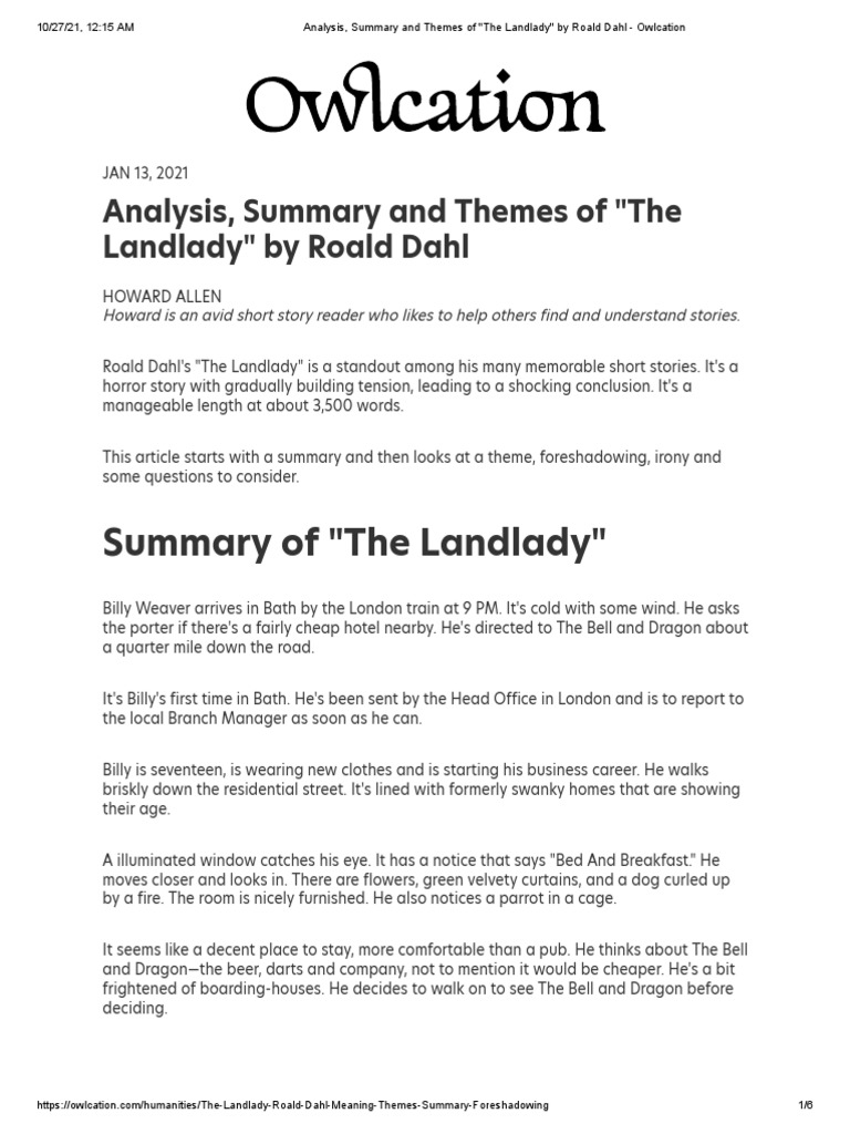 Analysis, Summary and Themes of The Landlady by Roald Dahl Owlcation PDF