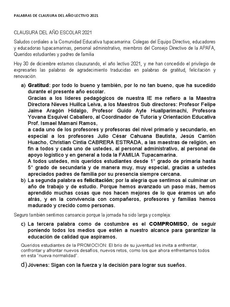 Palabras de Clausura Del Año Lectivo 2021 | PDF | Gratitud | Liderazgo