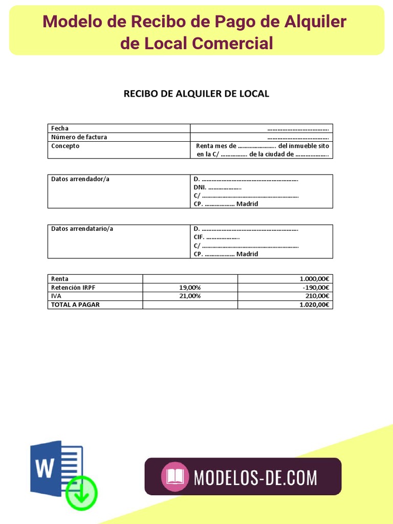 Modelo De Recibo De Pago Modelo de Recibo de Pago de Alquiler de Local | PDF