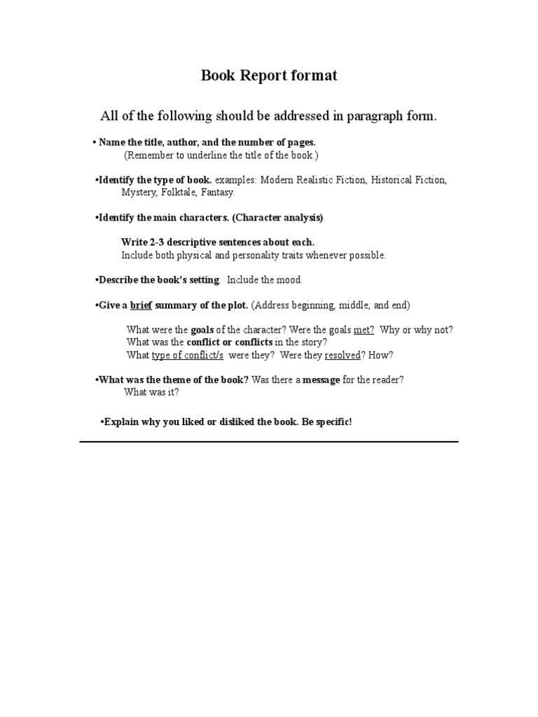 Book Report Format: All of The Following Should Be Addressed in ...