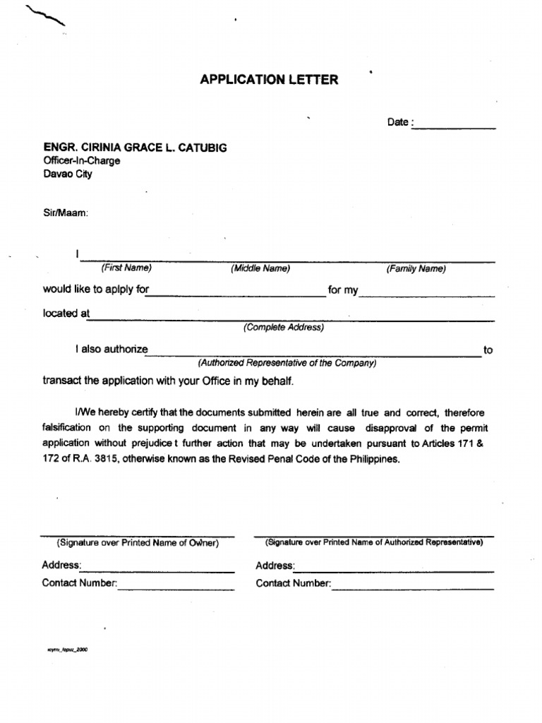 Davao City Fence Permit NBC Form B03 (Application Letter