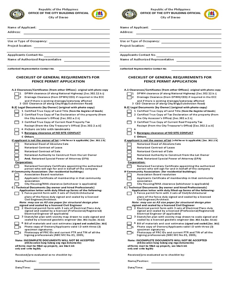 Davao City Fence Permit NBC Form B03 (Checklist of Requirements) PDF
