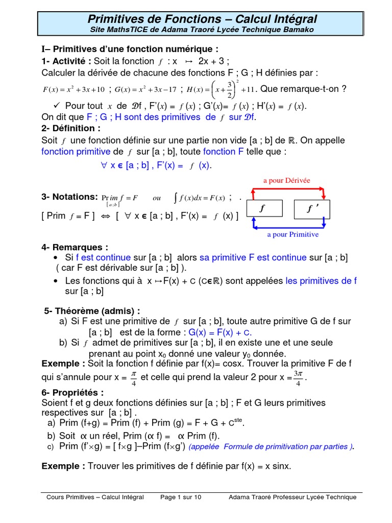 Primitives et Intégration en Calcul Intégral | PDF | Intégral ...