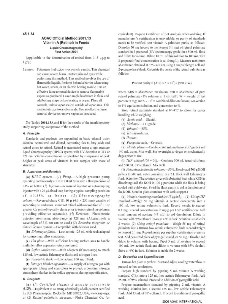Determination Of Vitamin A In Foods Pdf High Performance Liquid