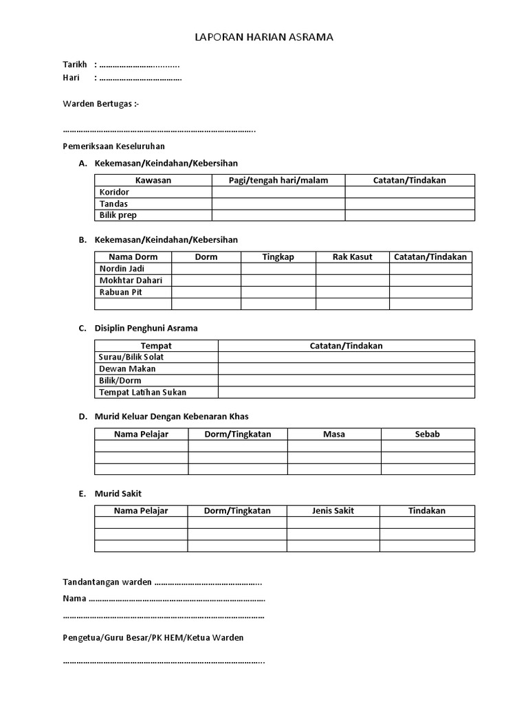 Laporan Harian Asrama