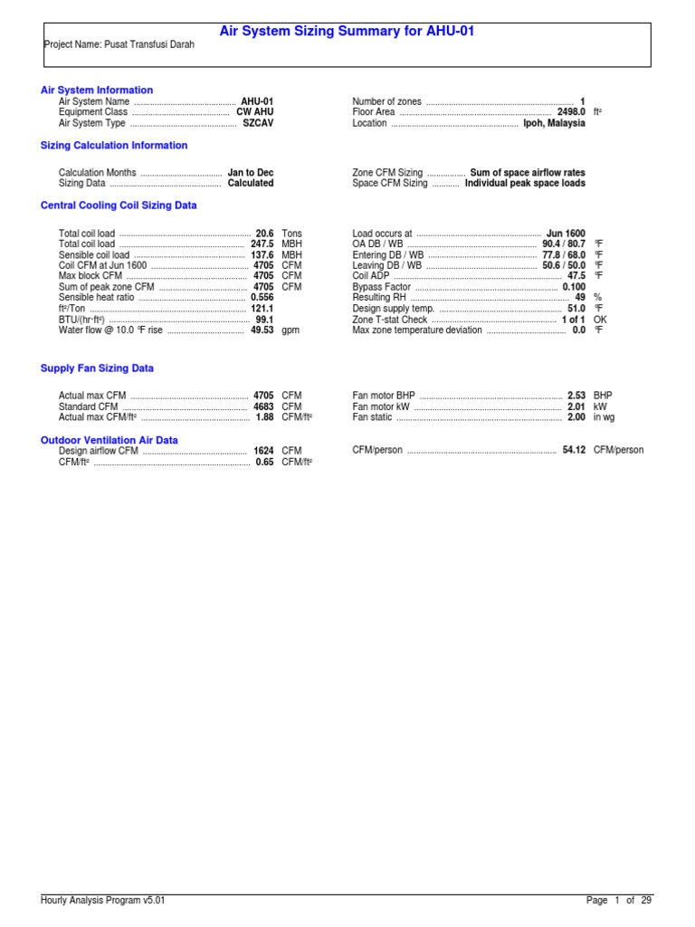 Air System Sizing Summary For AHU-01 | PDF | Ventilation (Architecture ...