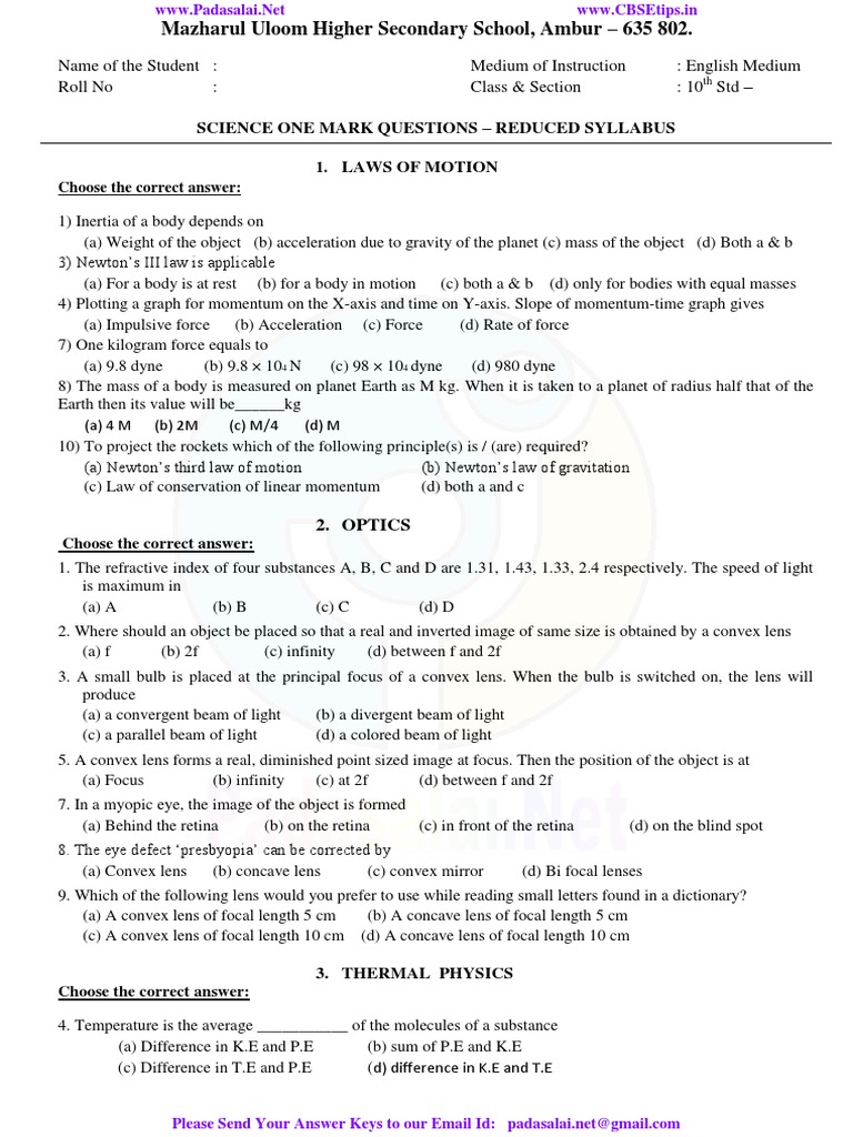 111-10th-science-one-mark-questions-reduced-syllabus-english