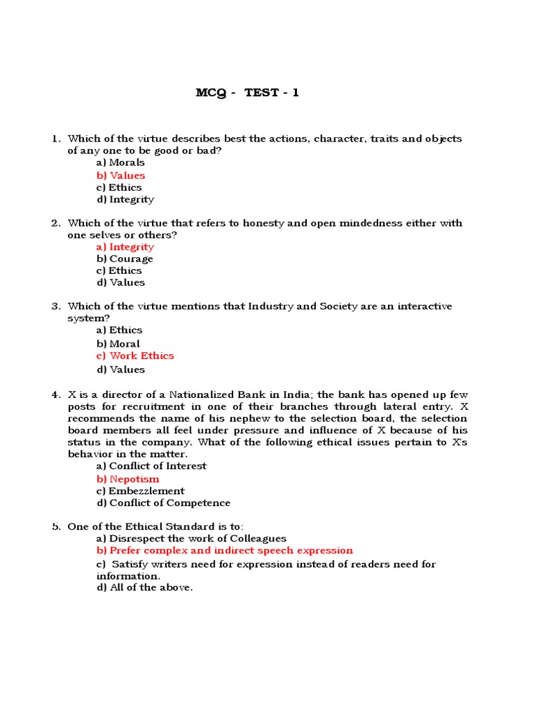 Ethics MCQ TEST 1 PDF Integrity Morality