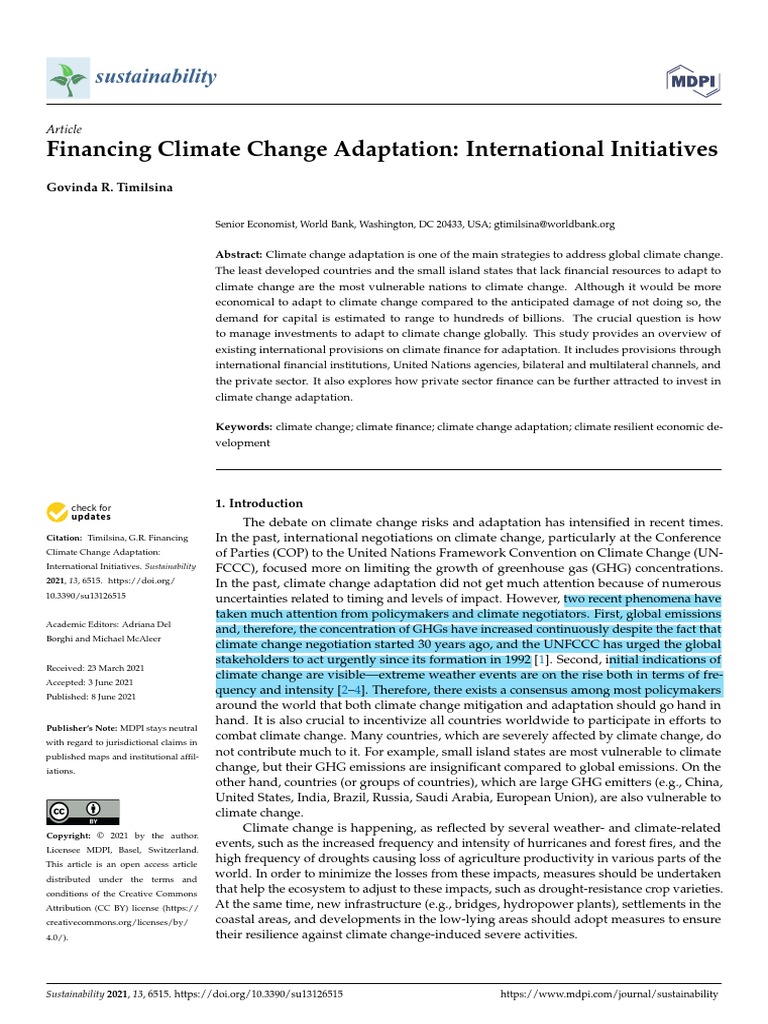 Financing Climate Change Adaptation International Initiatives Pdf
