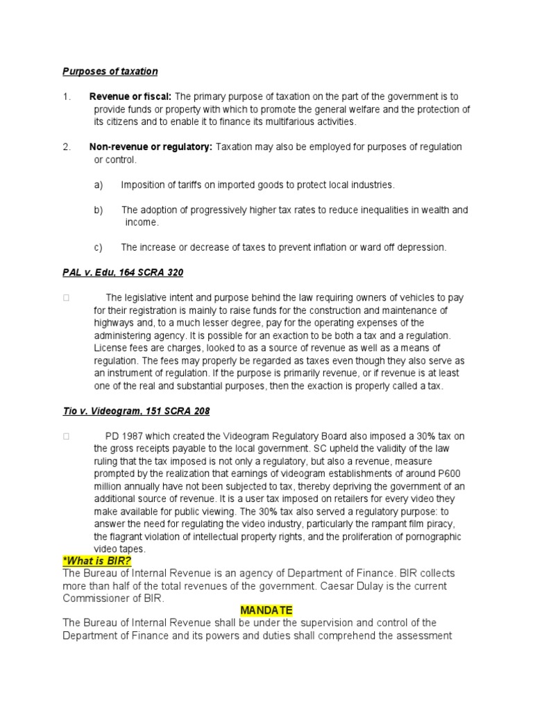 Purposes of Taxation What Is BIR? PDF Taxes Internal Revenue Service
