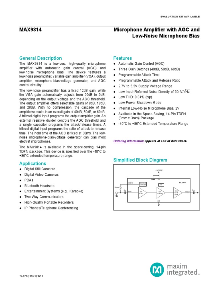 MAX9814 Microphone Amplifier With AGC and Low-Noise Microphone Bias ...