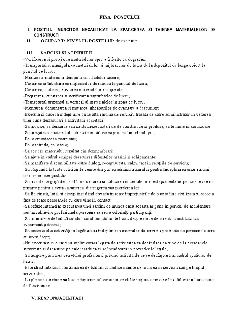 Muncitor Necalificat Constructii Fisa Post Muncitor Necalificat in Constructii | PDF