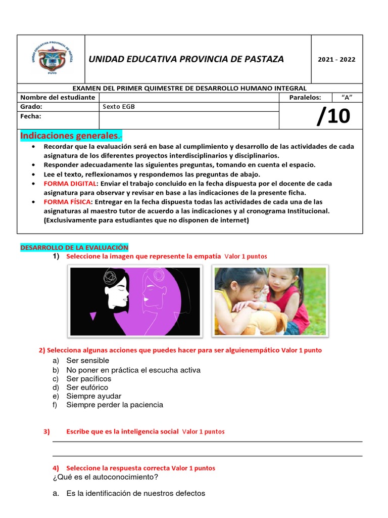 Examen de Desarrollo Humano 6to Grado | PDF | Prueba (evaluación ...