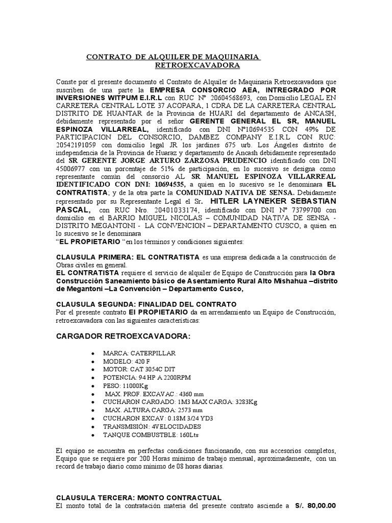 Contrato de Alquiler de Retroexcavadora | PDF | Derecho civil (sistema ...