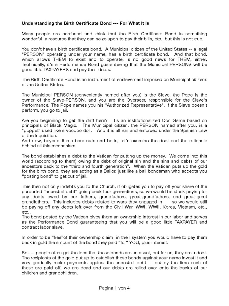 Understanding The Birth Certificate Bond For What It Is PDF Debt