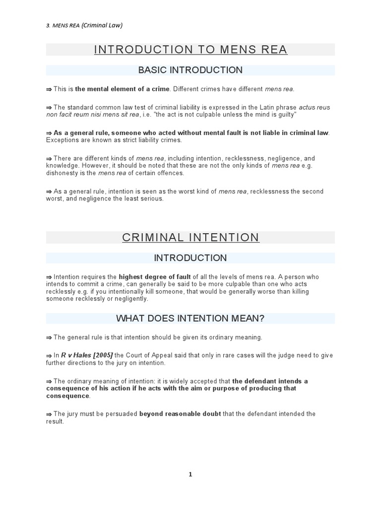 Introduction To Mens Rea Pdf Recklessness Law Mens Rea