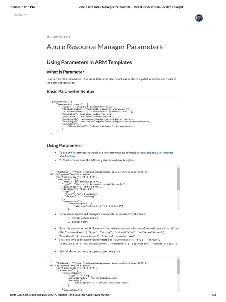 Azure Resource Manager Parameters - Direct DevOps From Quality Thought ...
