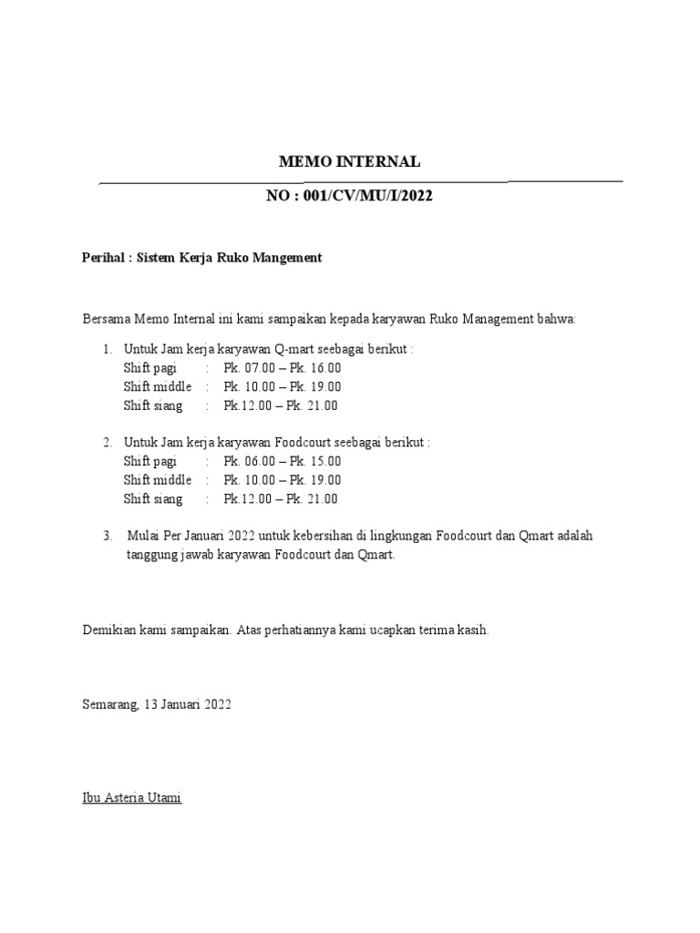 Memo Internal Jam Kerja 2022 PDF