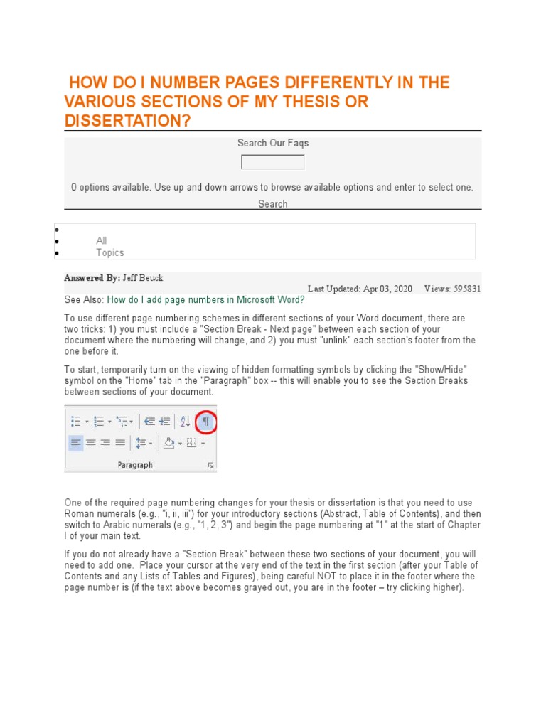 How Do I Number Pages Differently in The Various Sections of My Thesis ...