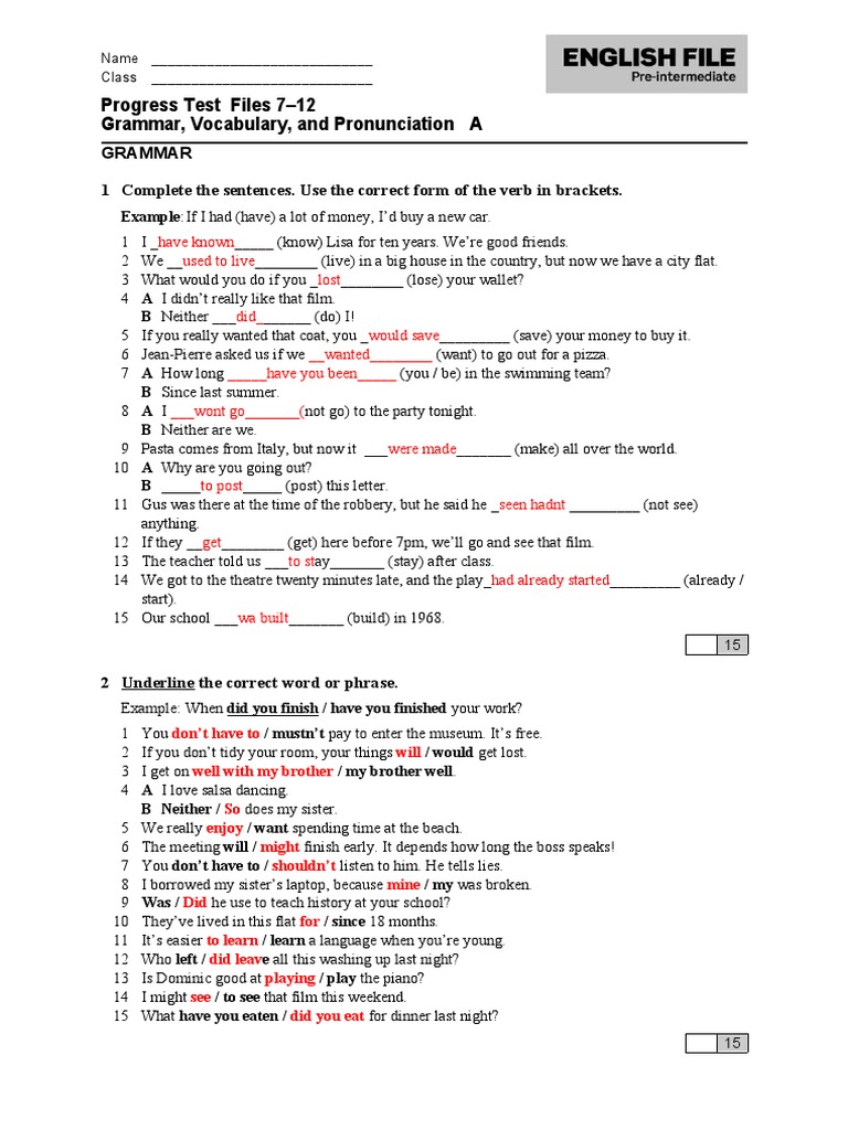Progress Test 7 12 1 English File Download Free Pdf Schools Internet