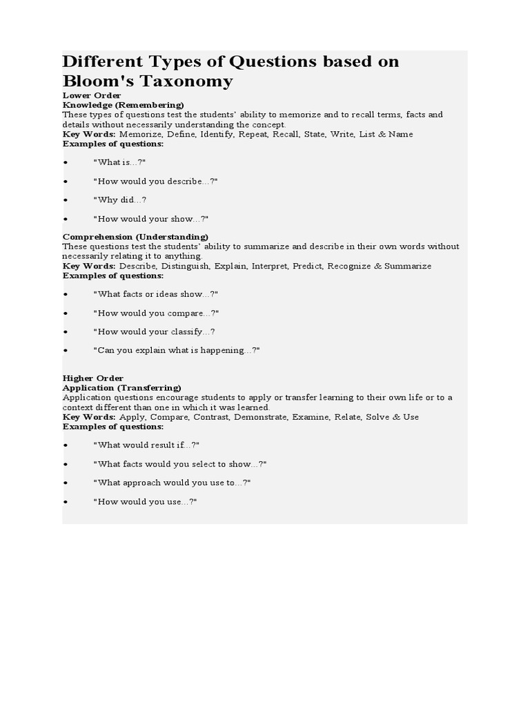 Different Types of Questions Based On Bloom | PDF | Psychology ...