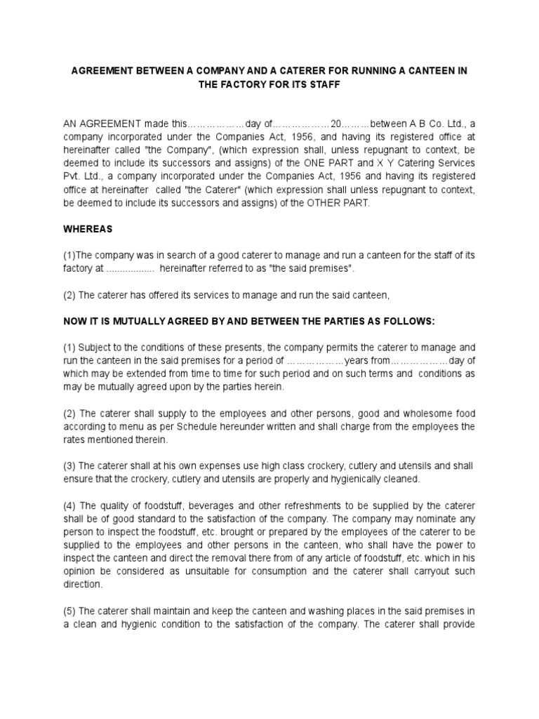 Agreement Between A Company and A Caterer For Running A Canteen PDF
