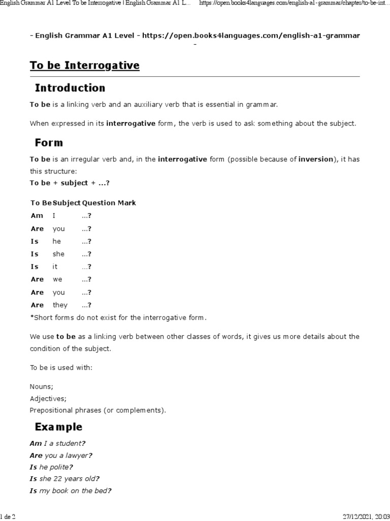 English Grammar A1 Level To Be Interrogative English Grammar A1 Level Print PDF English