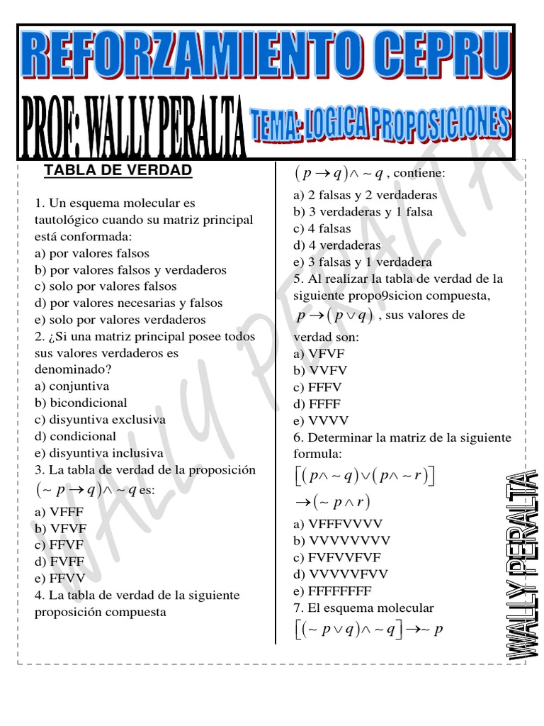 Reforzamiento Cepru Tema Tablas de Verdad y Formalizacion PDF