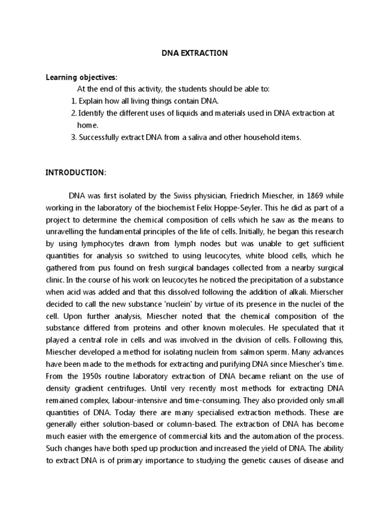 Dna Extraction Learning Objectives | PDF | Dna | Cell (Biology)