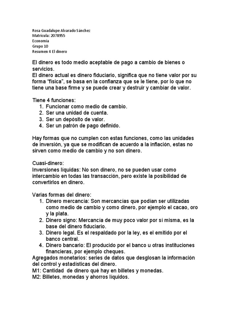 Funciones y Tipos de Dinero | PDF | Dinero | Bancos