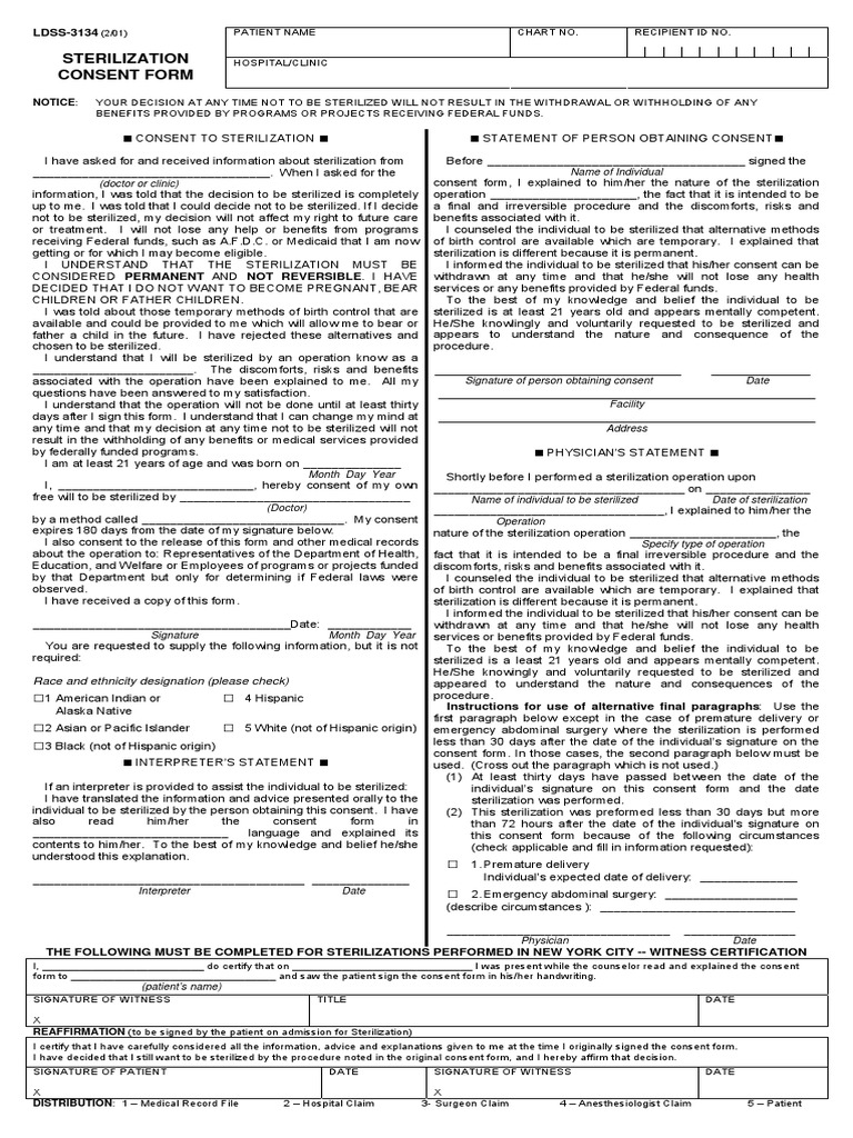 Sterilization Consent Form LDSS3134 PDF Race And Ethnicity In The