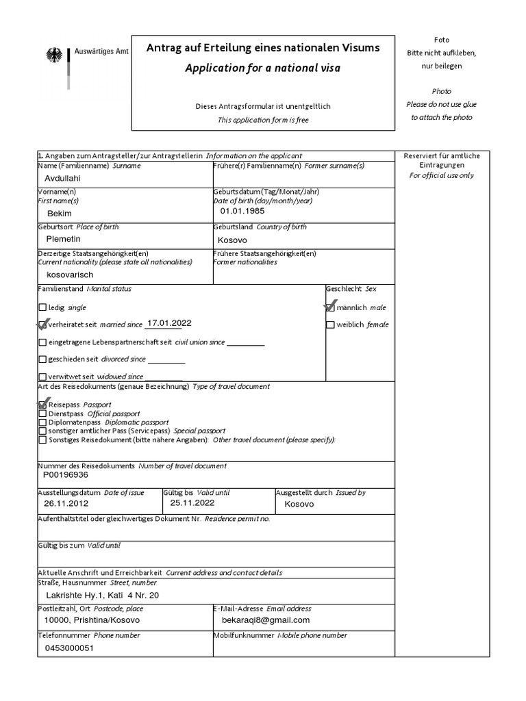 Antrag Auf Erteilung Eines Nationalen Visums Application For A