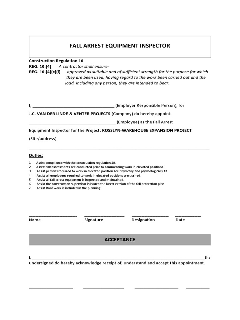 Fall Arrest Equipment Inspector Appointment | PDF | Finance & Money ...