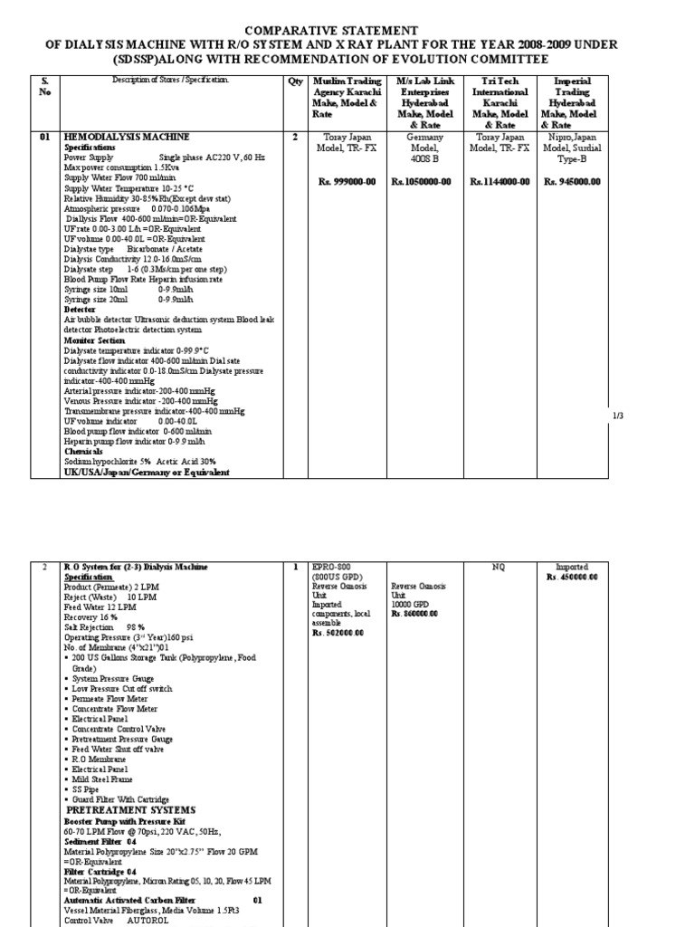Dialysis Machine Specifications PDF Dialysis Hemodialysis