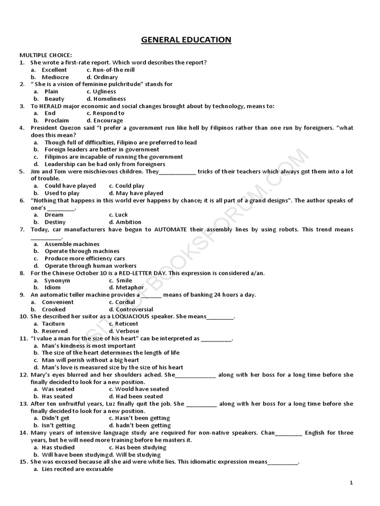 General Education Multiple Choice Questions | PDF