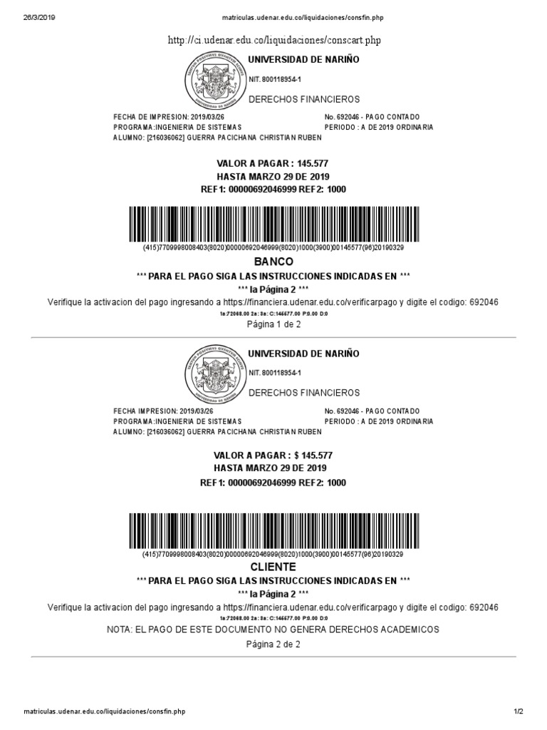 Instrucciones de Pago Udenar 2019 | PDF | Finanzas y dinero